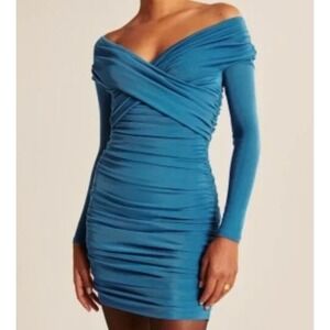 Abercrombie & Fitch Womens Dress Blue Ruched Body Con Mini Off‎ Shoulder Stretch
